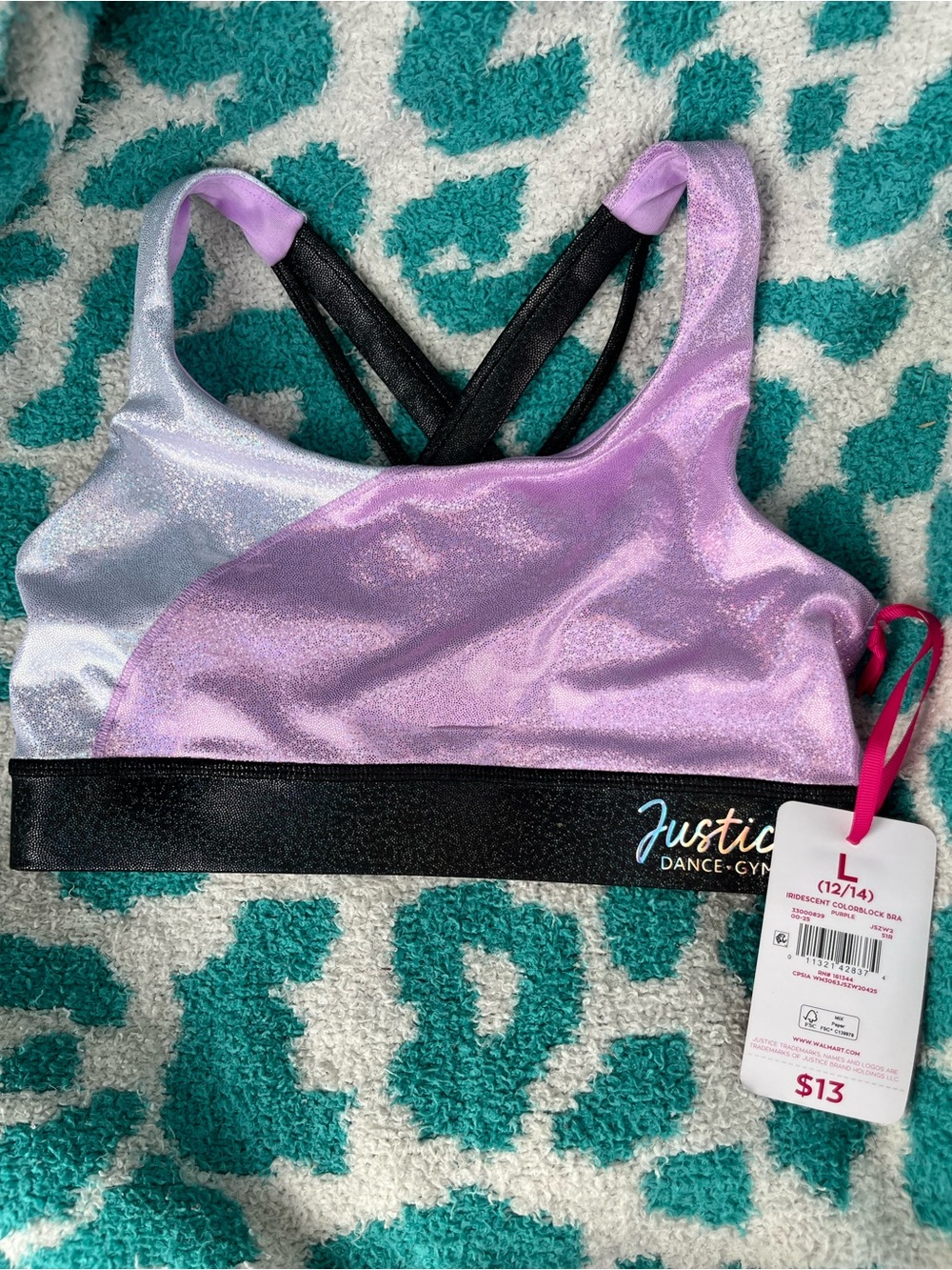 Justice Lavender & Silver Iridescent Crossback Sports Bra with Black Band